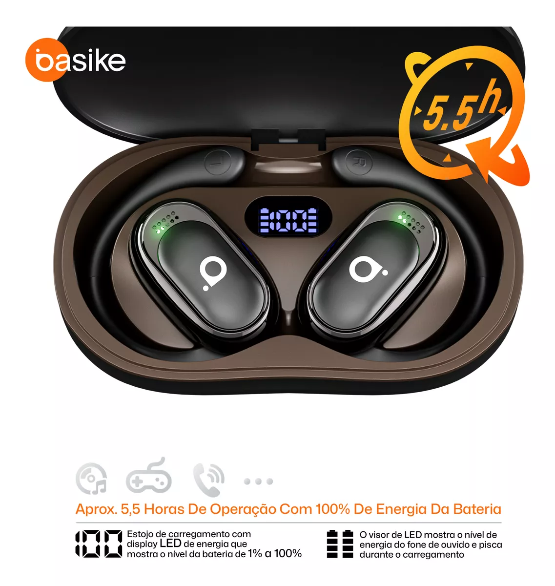 Fone de Ouvido Esportivo Open-Ear com Gancho Ba FON 153 - Bluetooth 5.4, Hi-Fi