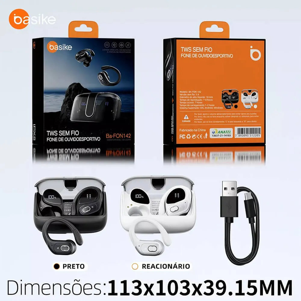 Fone de Ouvido Esportivo Intra-Auricular Ba FON 142 - Bluetooth 5.4, Hi-Fi, IPX5