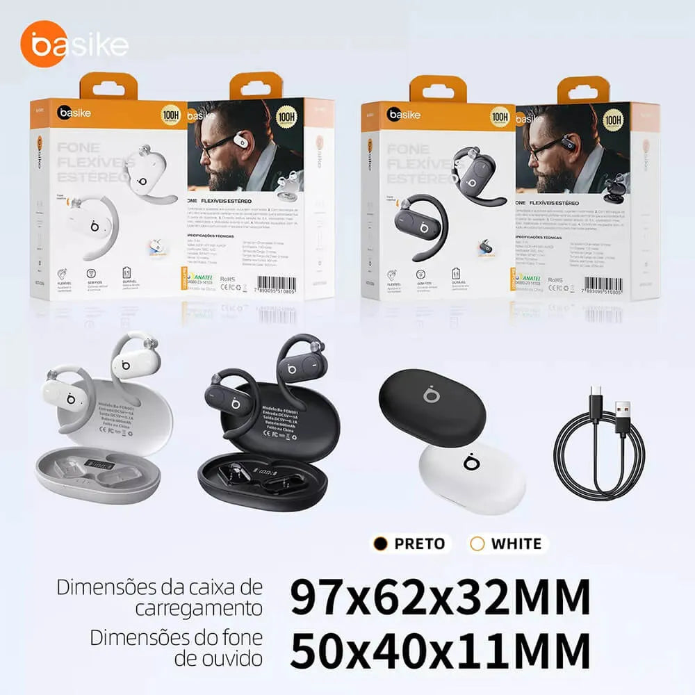 Fone de Ouvido Esportivo Open-Ear com Gancho Ba FON 001 - Bluetooth 5.4, Hi-Fi, IPX5