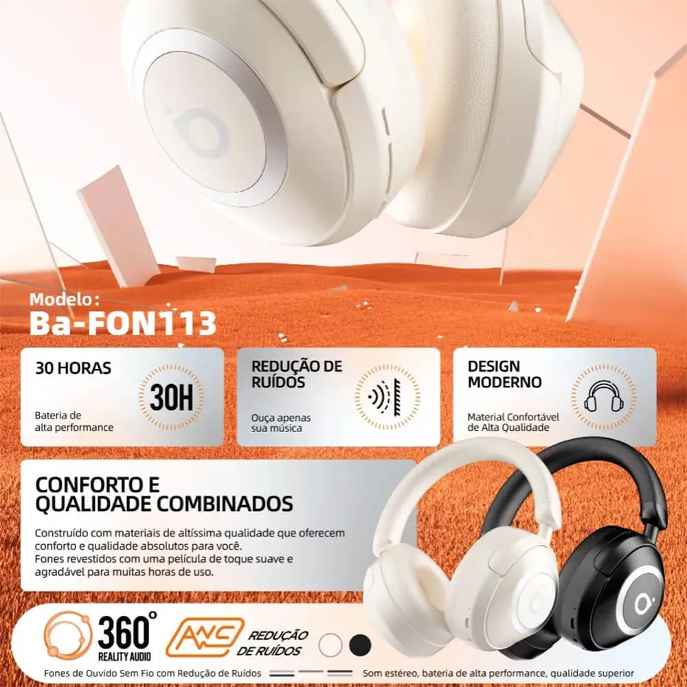 Fone de Ouvido Headphone Ba FON 113 - Bluetooth, Hi-Fi, Redução de Ruído