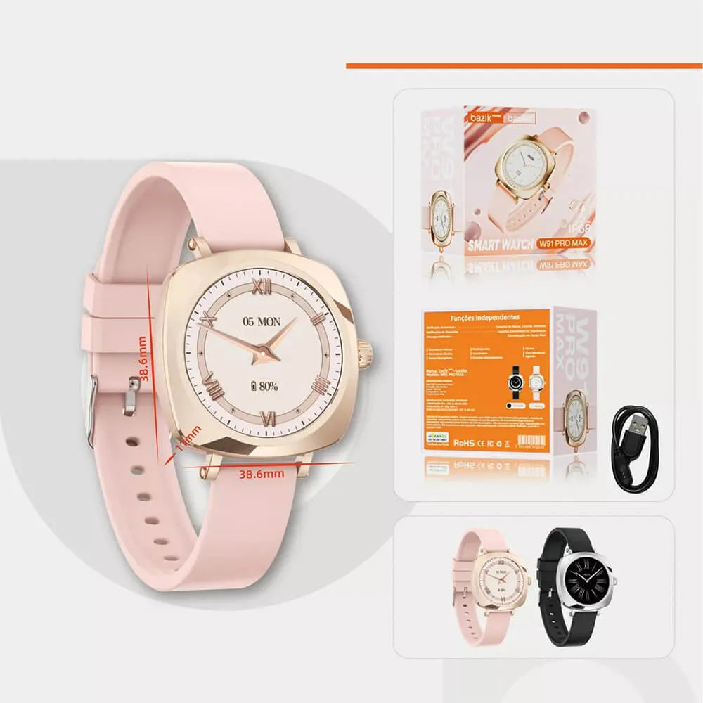 Smartwatch Bazik Prime W91 Pro Max  – 38mm, Tela AMOLED, Bluetooth, GPS